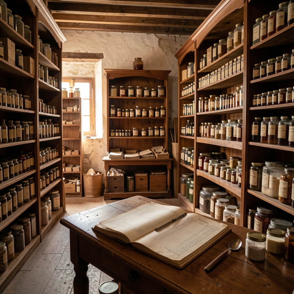 Almacén argentino histórico con estanterías, envases de época y libreta de cuentas sin personas