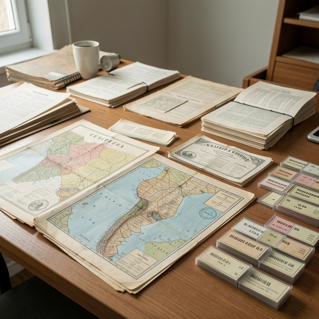 Mesa de archivo con documentos históricos, mapas de Argentina y fichas ordenadas sin personas
