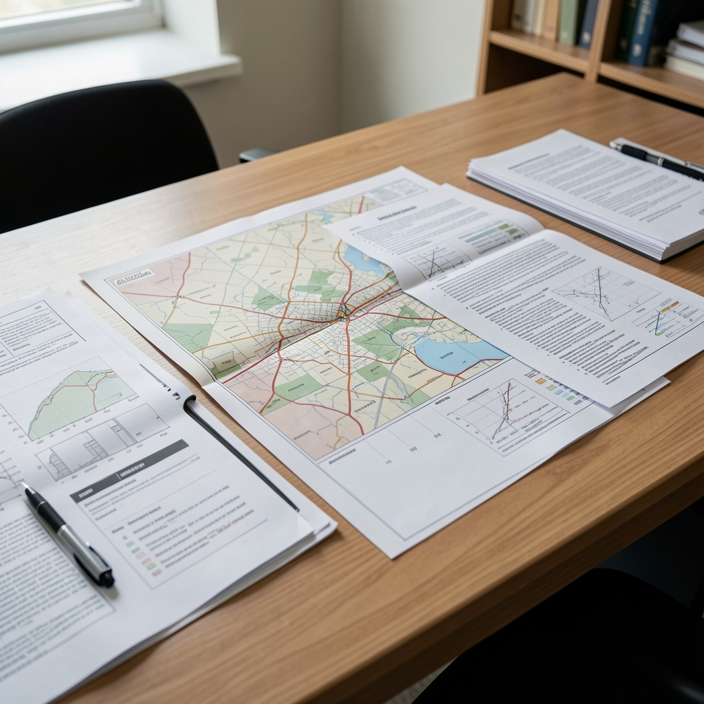 Planos de Buenos Aires, mapas y carpetas documentales de investigación sobre una mesa sin personas