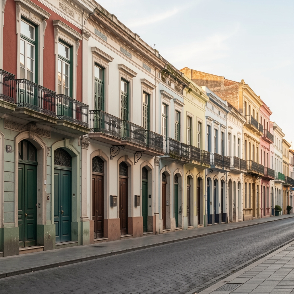 Fachadas de edificios porteños de distintas épocas alineadas en una calle histórica de Buenos Aires sin personas