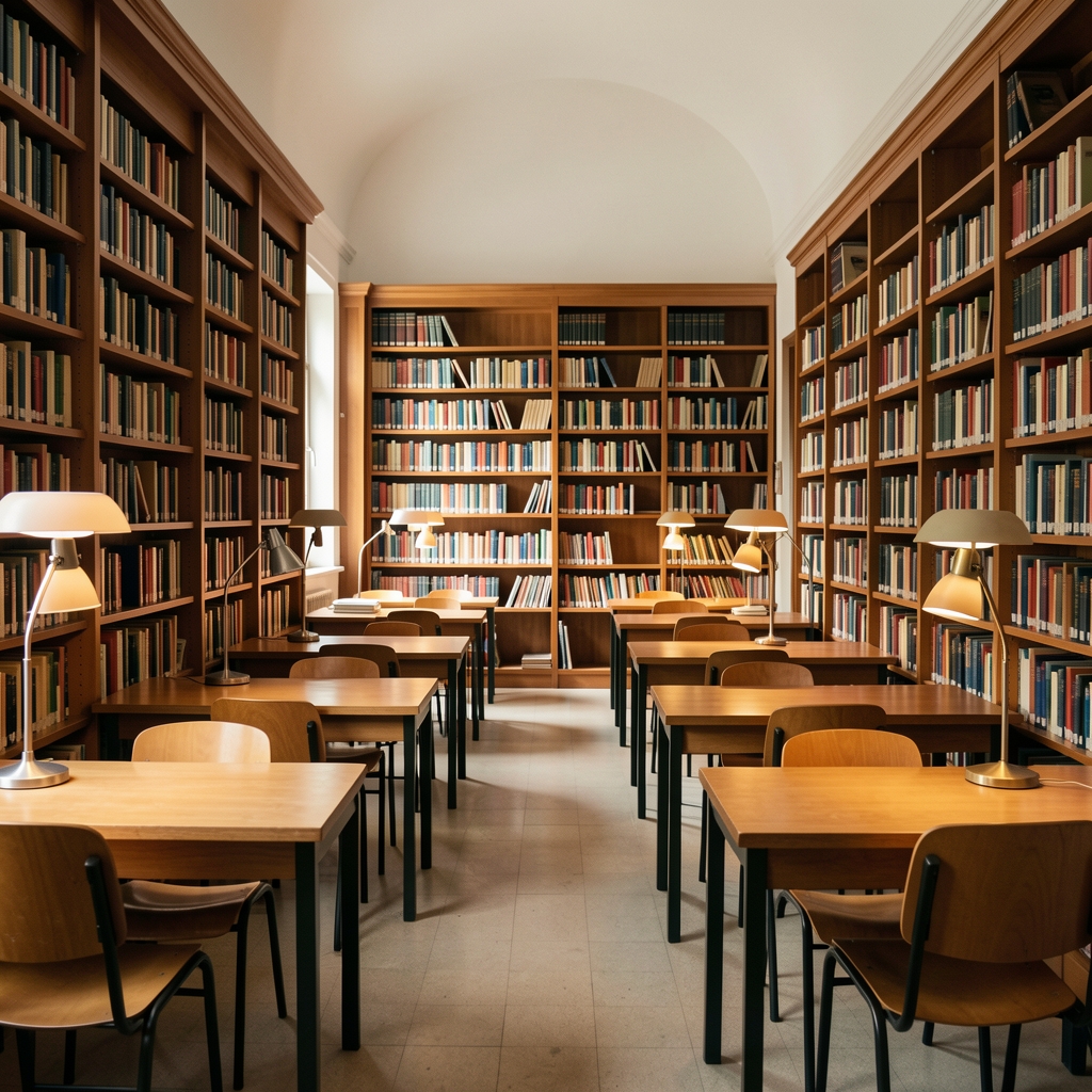 Biblioteca universitaria argentina con estanterías, lámparas y mesas de estudio vacías sin personas