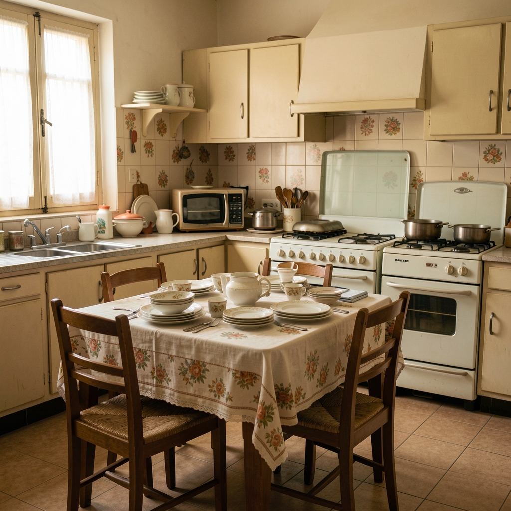Cocina doméstica argentina de los años sesenta con mesa, vajilla y electrodomésticos antiguos sin personas