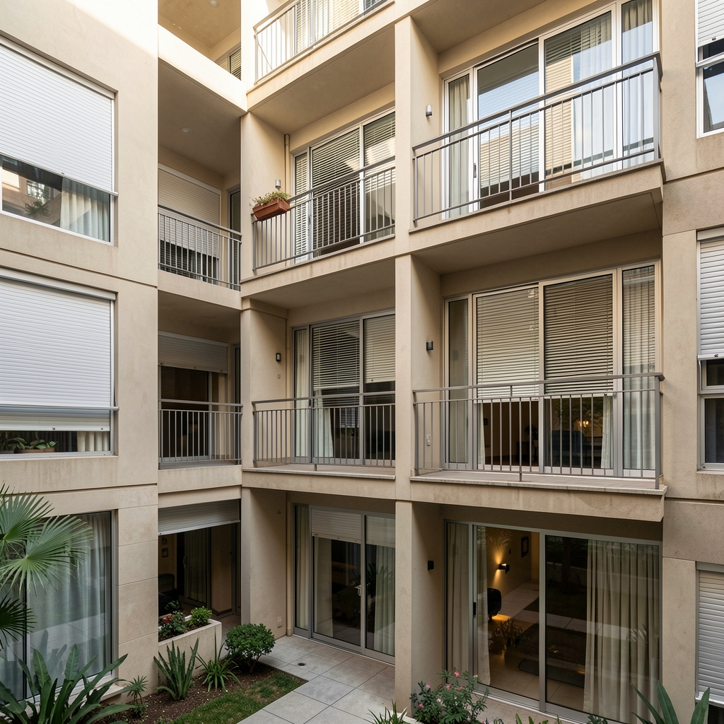 Edificio residencial porteño con balcones, persianas y patios interiores sin personas