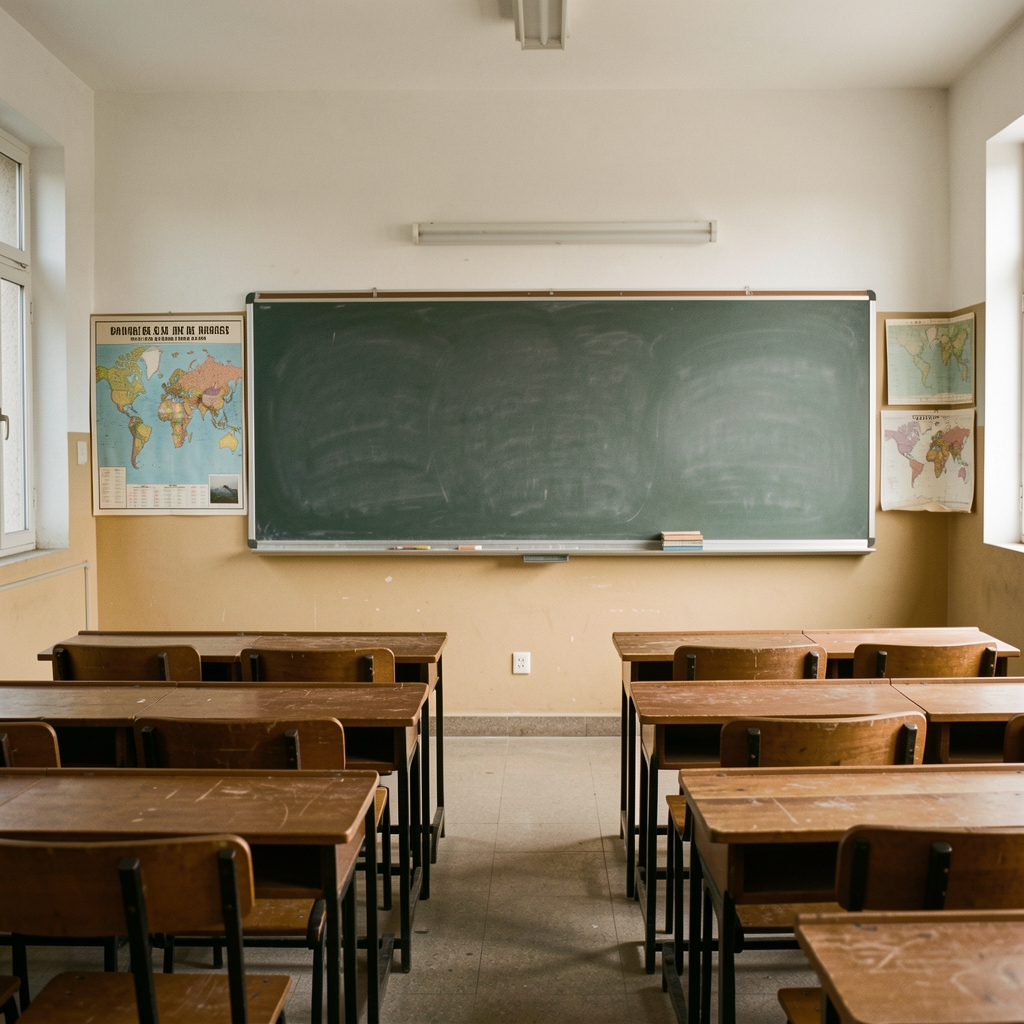Aula escolar argentina de la década de 1960 con pupitres, mapas y pizarrón vacío sin estudiantes