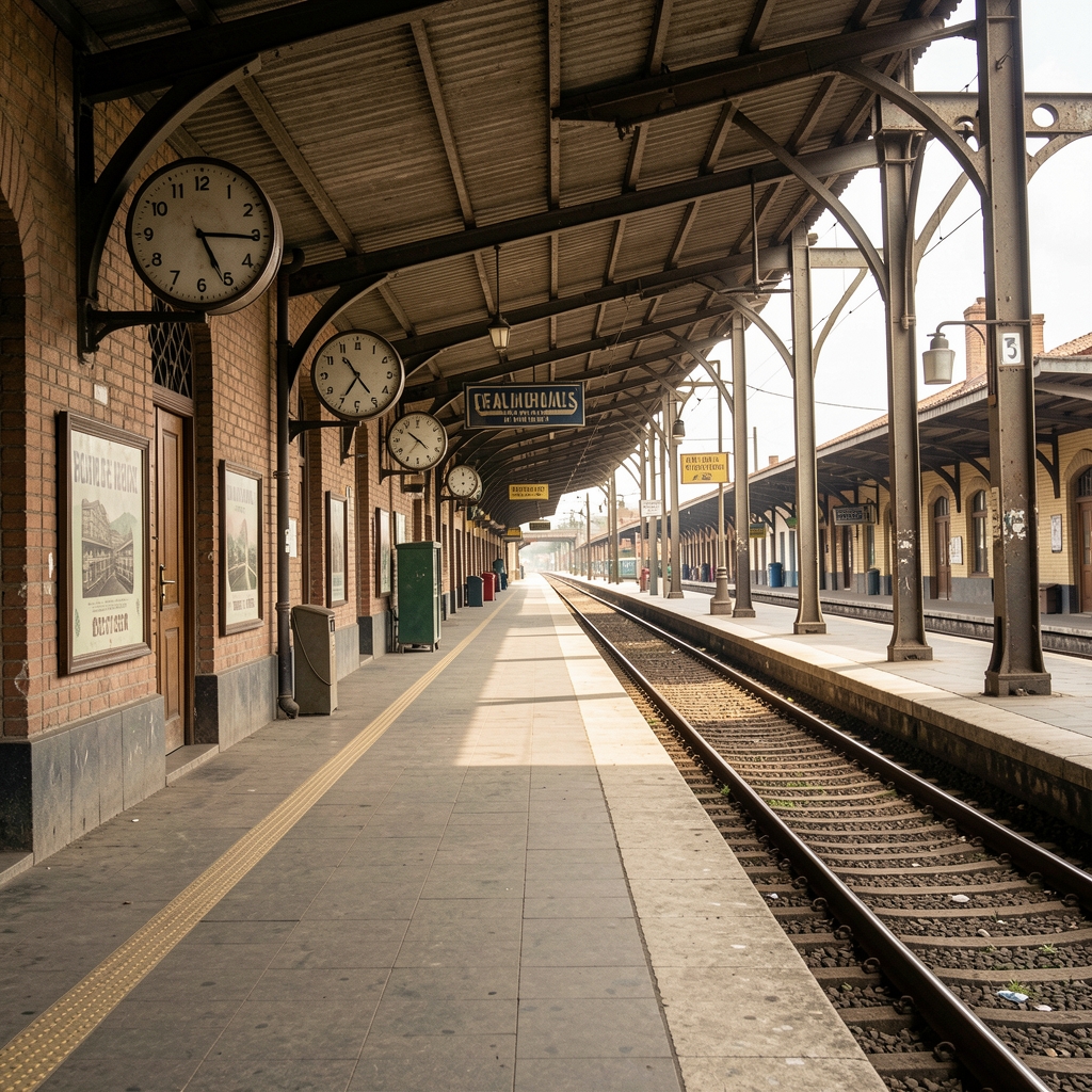 Estación ferroviaria argentina de mediados del siglo XX con andenes, relojes y carteles antiguos sin personas