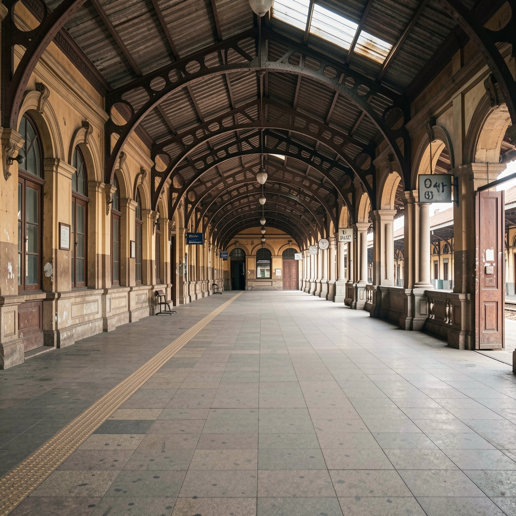 Estación ferroviaria argentina de arquitectura histórica con andén vacío y señales antiguas sin personas