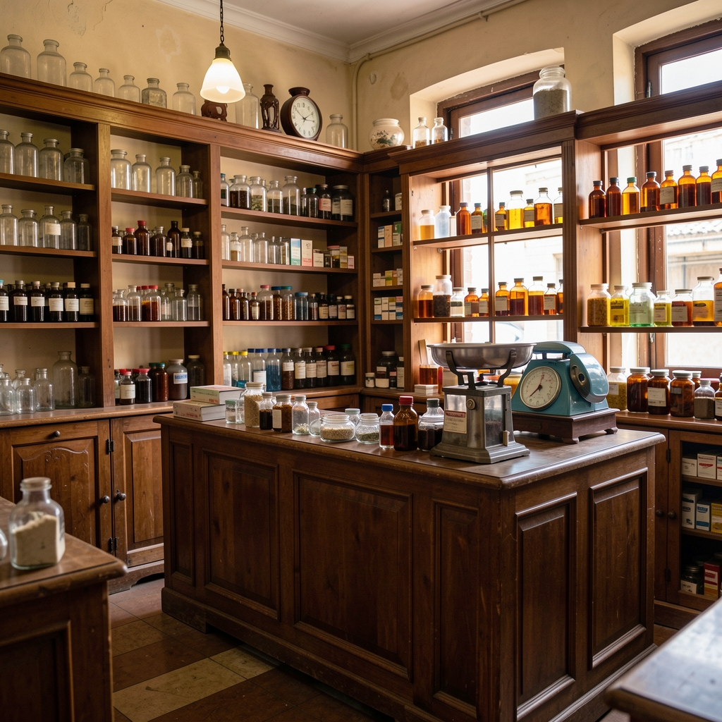 Interior de farmacia argentina antigua con frascos de vidrio, mostrador y balanza sin personas