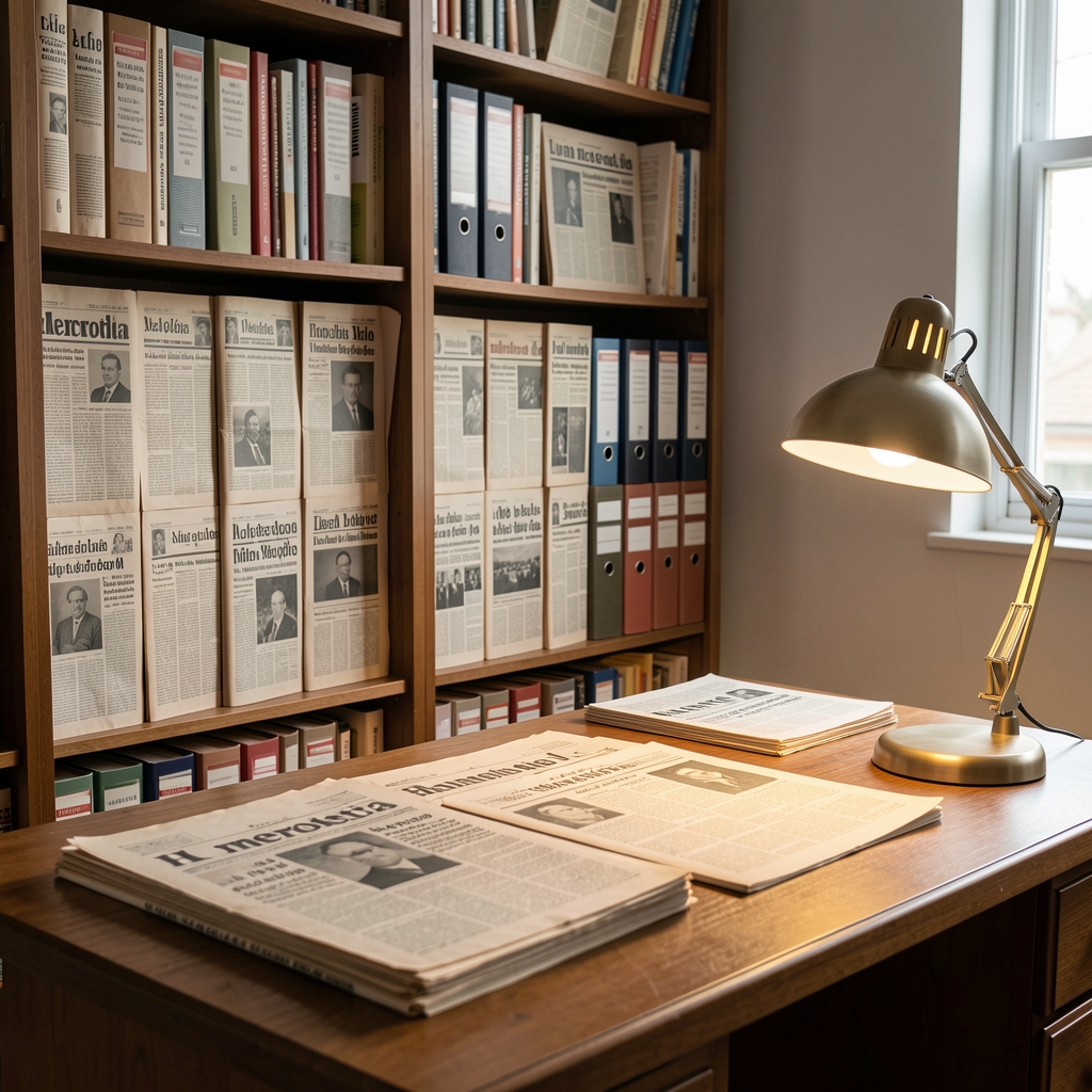 Hemeroteca con diarios argentinos de varias décadas, archivadores y lámpara de lectura sin personas