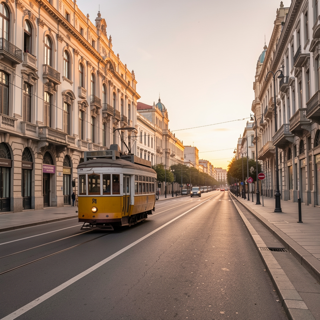 Avenida de Mayo de Buenos Aires al amanecer con edificios históricos, tranvía antiguo y calles vacías sin personas