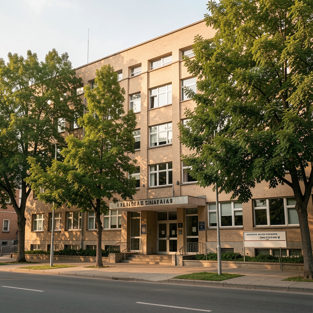 Fachada de hospital argentino de mediados del siglo XX con árboles y señalética sin personas