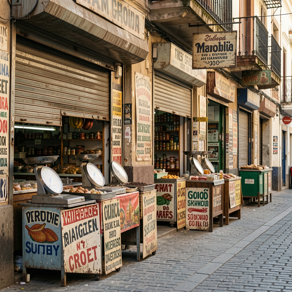 Mercado barrial argentino con persianas, balanzas y carteles comerciales antiguos sin personas