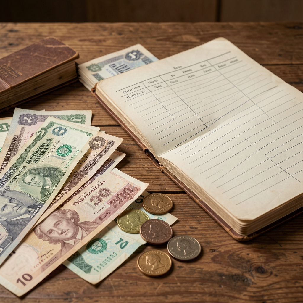 Billetes y monedas argentinas de distintas décadas junto a una libreta contable antigua sin manos