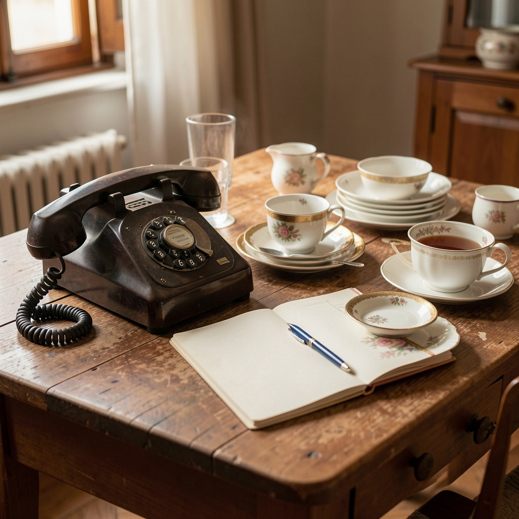 Objetos domésticos argentinos de distintas décadas sobre una mesa de madera, incluyendo teléfono, cuaderno y vajilla sin personas