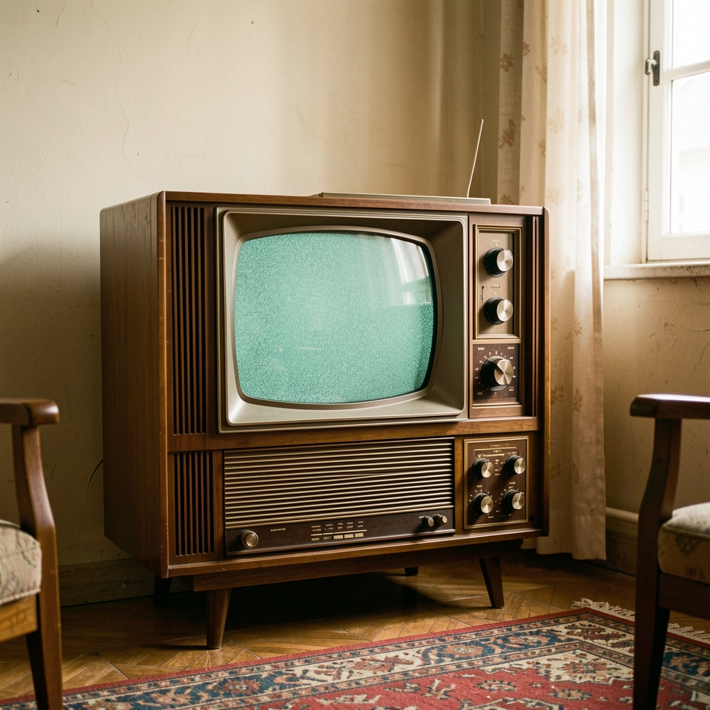 Radio de válvulas y televisor antiguo en una sala argentina de los años setenta sin personas