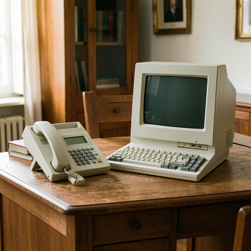 Teléfono de disco junto a una computadora personal temprana sobre escritorio argentino sin personas
