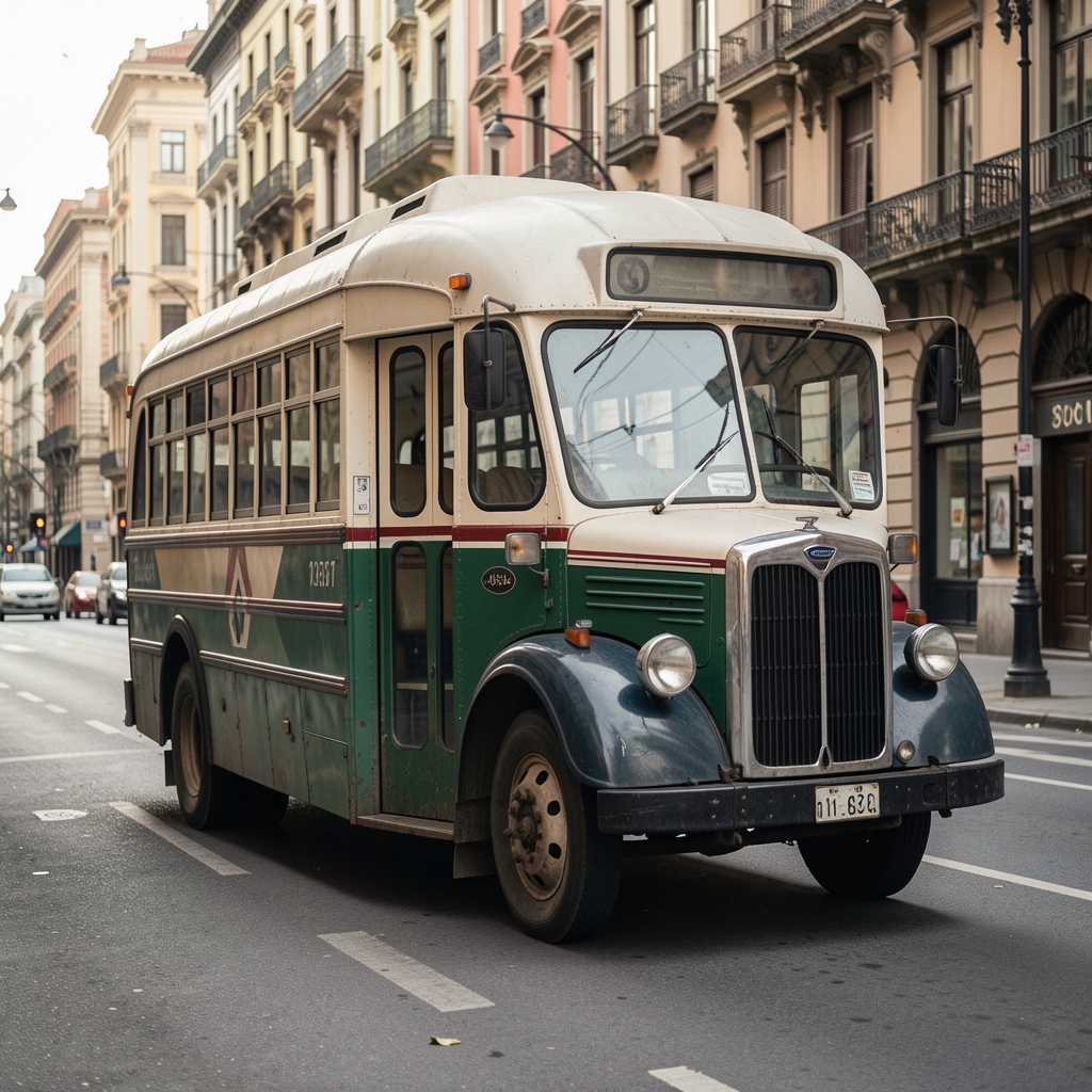 Detalle de un colectivo porteño histórico estacionado en una calle urbana sin pasajeros ni peatones